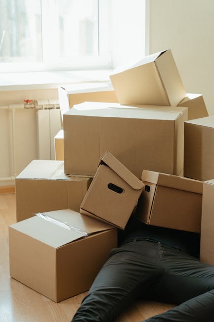A person wearing dark clothing lying on their back on a wooden floor amid a pile of stacked cardboard moving boxes of varying sizes, some with integrated handles, inside a well-lit room with a large window and white walls. The boxes appear to be partly packed or prepared for home relocation, with some boxes positioned against or on top of others. The scene includes a few boxes with visible packing tape, and the room has a radiator beneath the window. This image illustrates the packing stage of furniture transport and home moving services offered by Removal Companies Earls Court, emphasizing the process of organizing and loading belongings for an upcoming move.